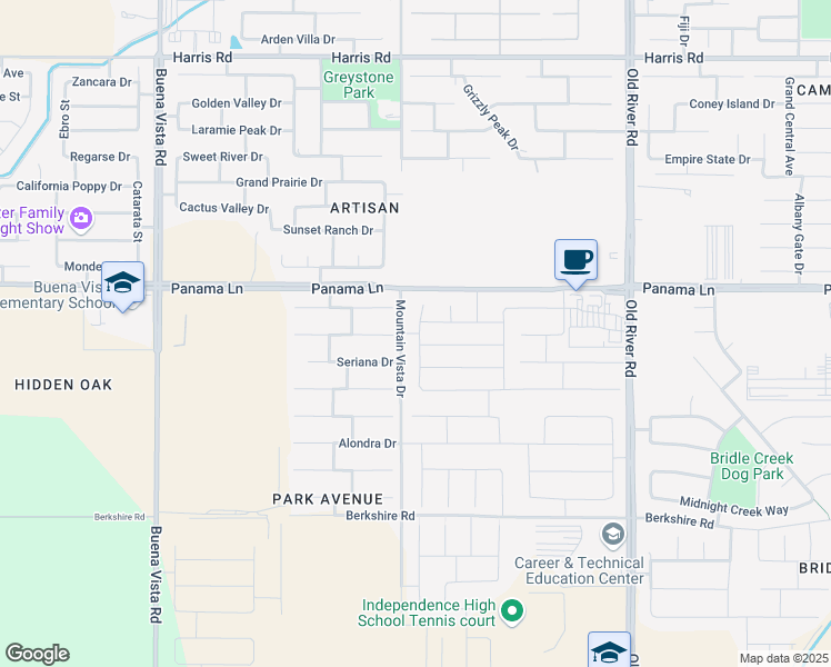 map of restaurants, bars, coffee shops, grocery stores, and more near 10500 Valverde Drive in Bakersfield