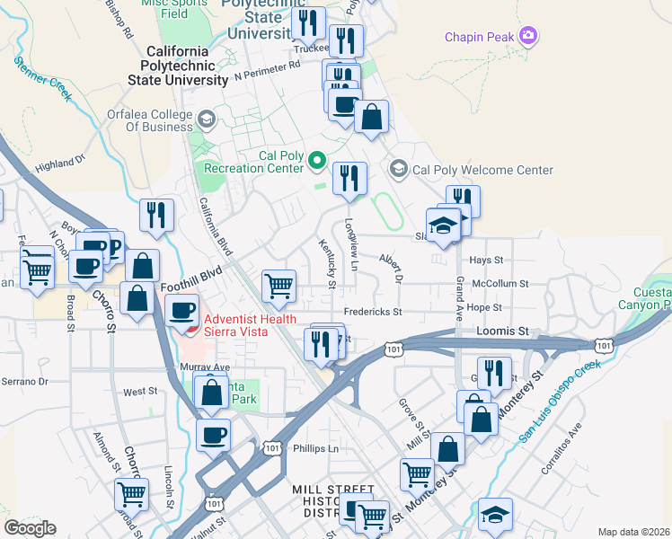 map of restaurants, bars, coffee shops, grocery stores, and more near 250 Kentucky Street in San Luis Obispo