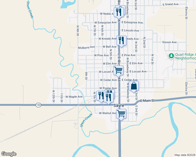 map of restaurants, bars, coffee shops, grocery stores, and more near 305 West Cedar Avenue in Sayre