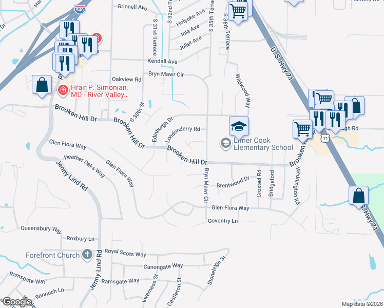 map of restaurants, bars, coffee shops, grocery stores, and more near 3405 Erin Oaks Court in Fort Smith