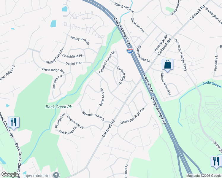 map of restaurants, bars, coffee shops, grocery stores, and more near 3832 Caldwell Ridge Parkway in Charlotte