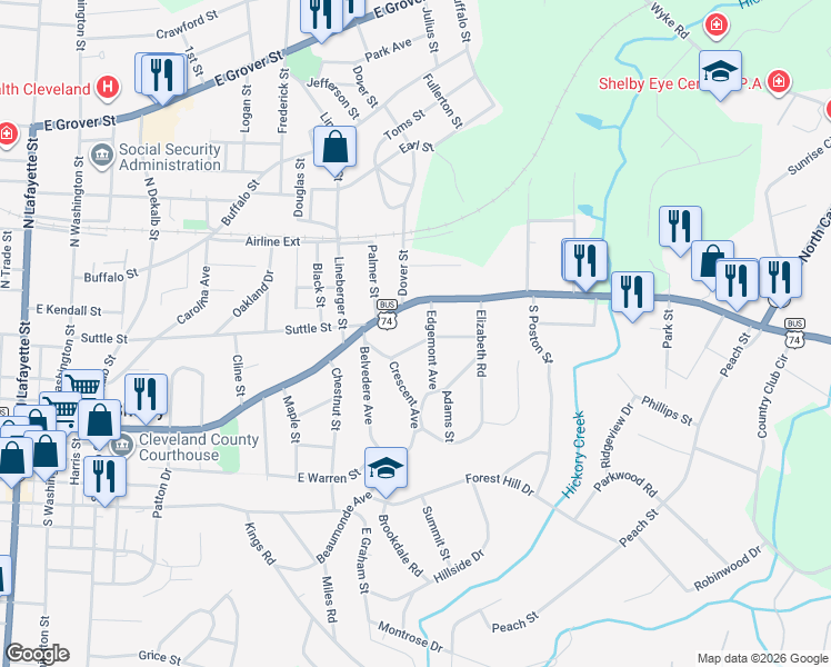 map of restaurants, bars, coffee shops, grocery stores, and more near 825 Hawthorne Road in Shelby