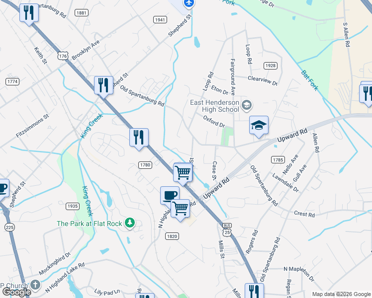 map of restaurants, bars, coffee shops, grocery stores, and more near 840 Mount Airy Street in Hendersonville