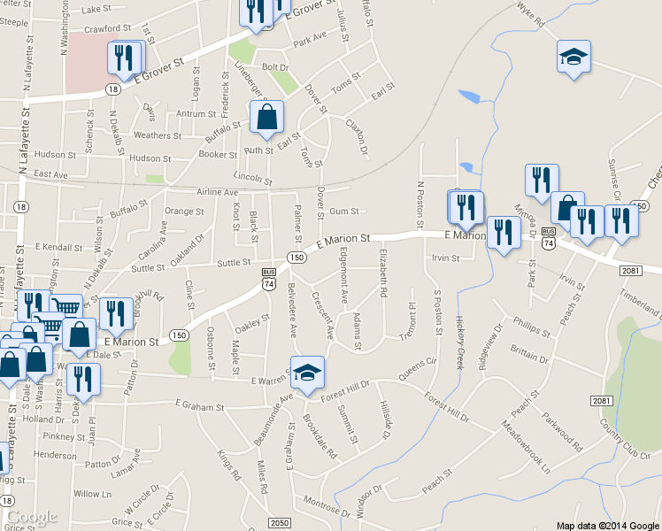 map of restaurants, bars, coffee shops, grocery stores, and more near 825 Hawthorne Rd in Shelby
