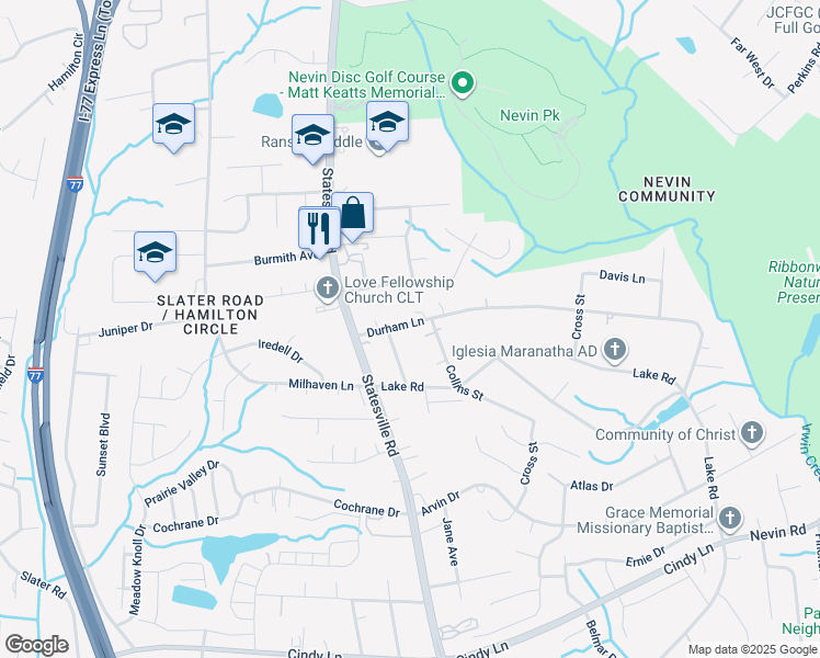map of restaurants, bars, coffee shops, grocery stores, and more near 3420 Durham Lane in Charlotte