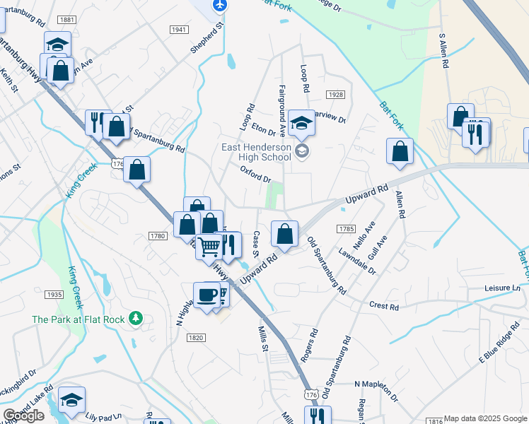 map of restaurants, bars, coffee shops, grocery stores, and more near 2025 Old Spartanburg Road in Hendersonville