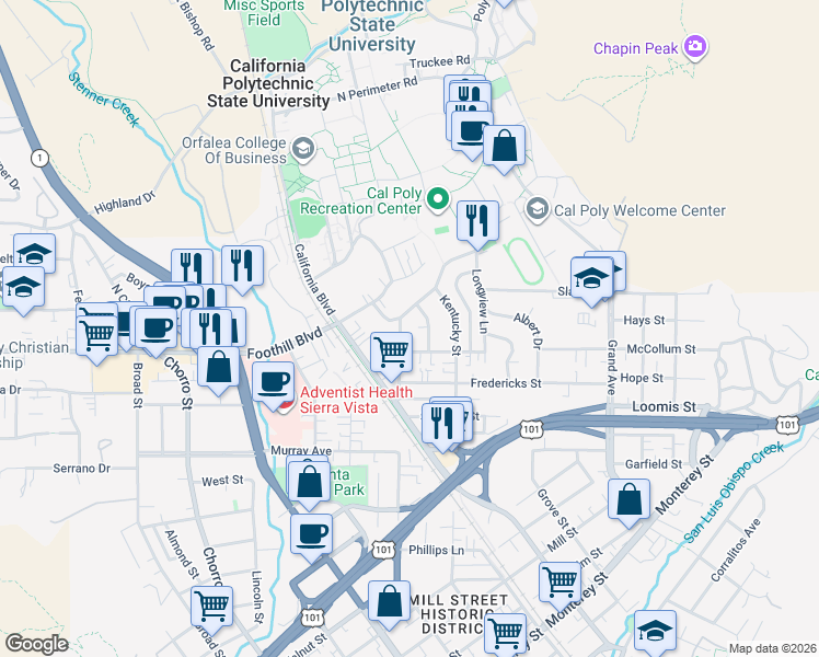 map of restaurants, bars, coffee shops, grocery stores, and more near 230 Hathway Avenue in San Luis Obispo