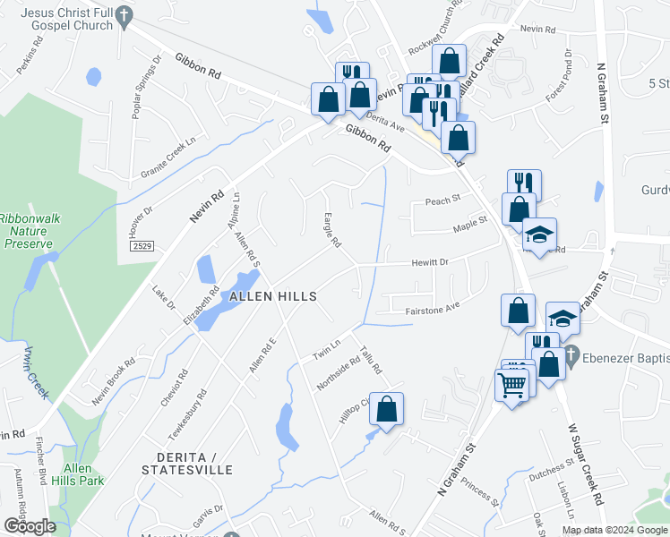 map of restaurants, bars, coffee shops, grocery stores, and more near 5535 Allen Road East in Charlotte