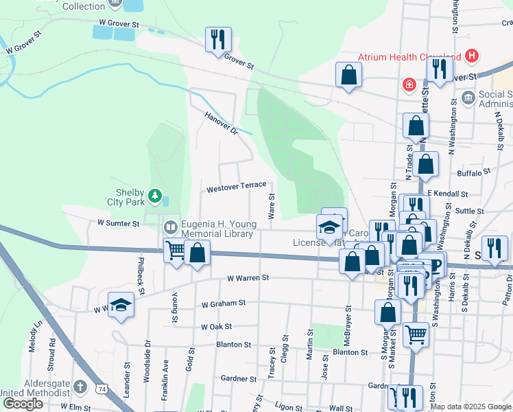 map of restaurants, bars, coffee shops, grocery stores, and more near 206 Worthington Street in Shelby