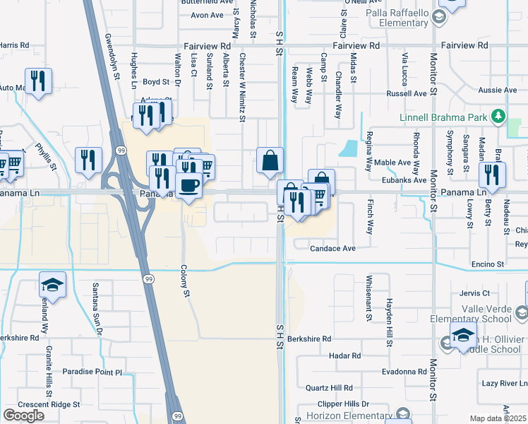 map of restaurants, bars, coffee shops, grocery stores, and more near 6513 Pine View Drive in Bakersfield