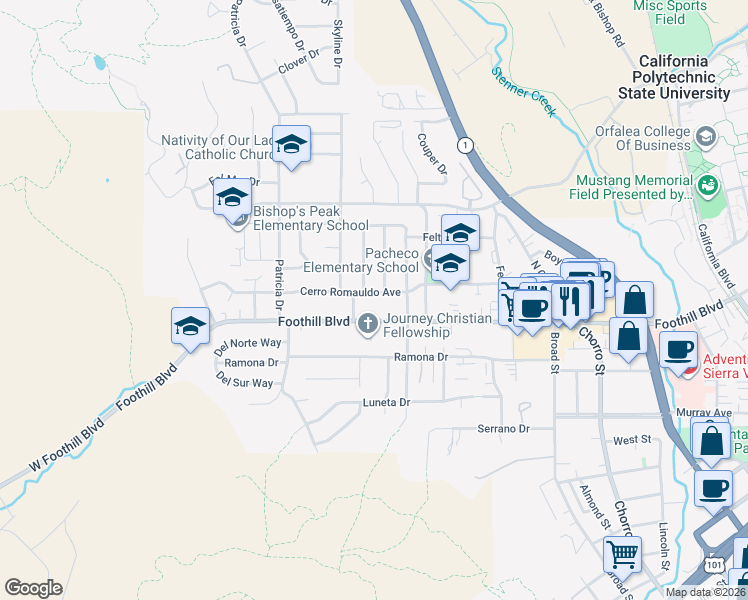 map of restaurants, bars, coffee shops, grocery stores, and more near 323 Cerro Romauldo Avenue in San Luis Obispo