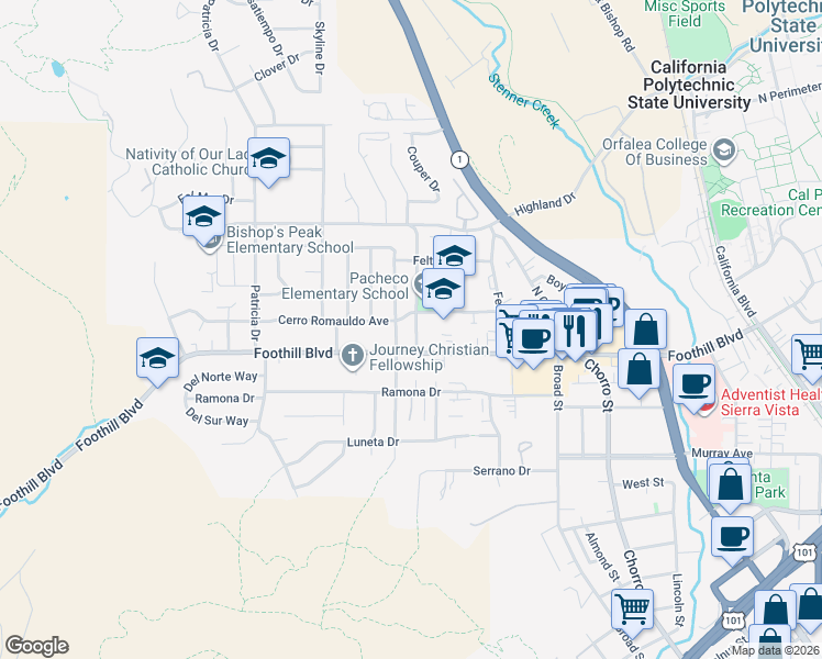 map of restaurants, bars, coffee shops, grocery stores, and more near 171 North Tassajara Drive in San Luis Obispo