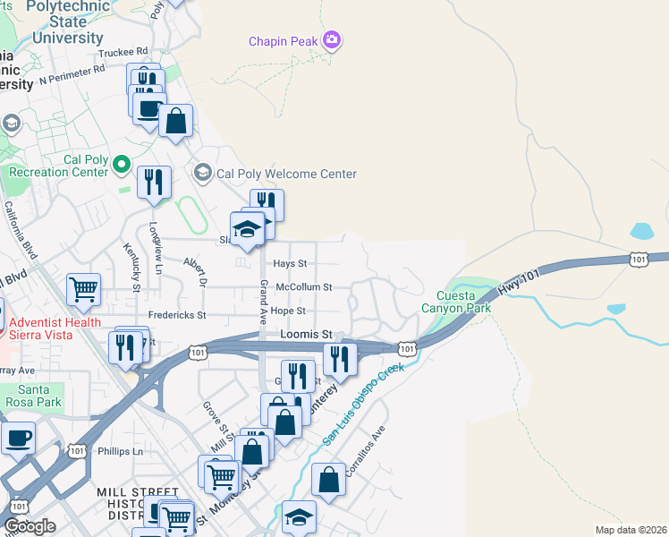 map of restaurants, bars, coffee shops, grocery stores, and more near 2085 Hays Street in San Luis Obispo