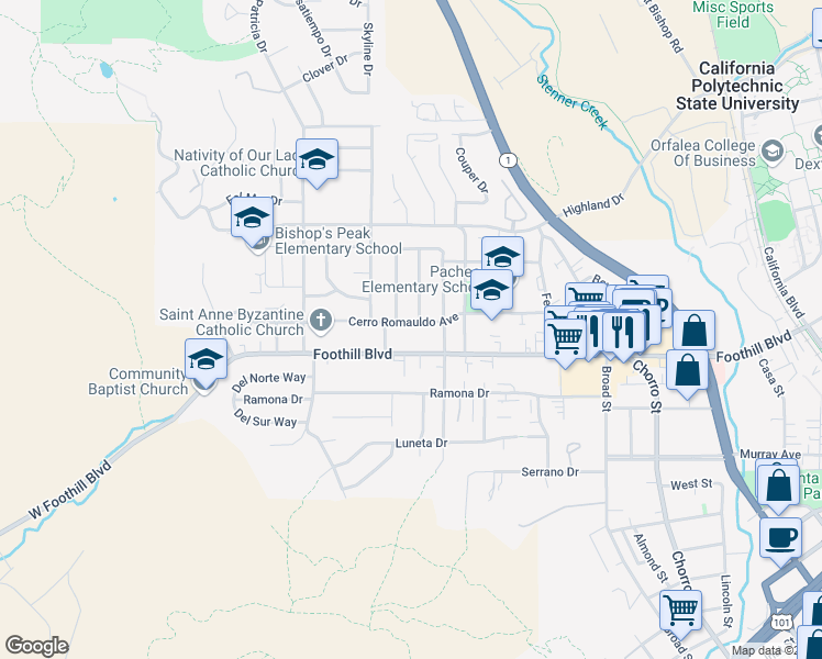 map of restaurants, bars, coffee shops, grocery stores, and more near 323 Cerro Romauldo Avenue in San Luis Obispo