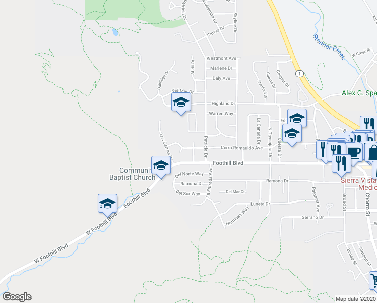 map of restaurants, bars, coffee shops, grocery stores, and more near 185 Cerro Court in San Luis Obispo