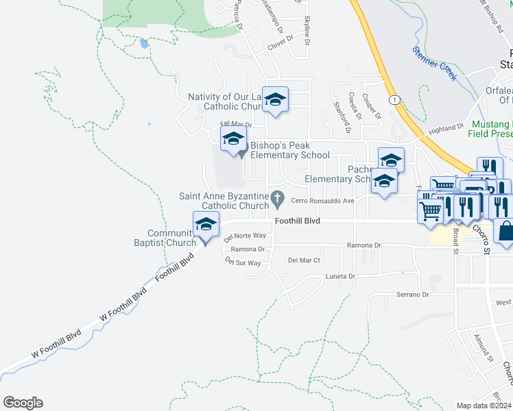map of restaurants, bars, coffee shops, grocery stores, and more near 165 Cerro Romauldo Avenue in San Luis Obispo