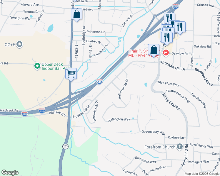 map of restaurants, bars, coffee shops, grocery stores, and more near 90 Stirling Court in Fort Smith