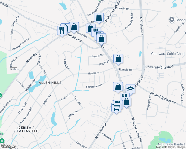 map of restaurants, bars, coffee shops, grocery stores, and more near 3027 Fairglen Road in Charlotte