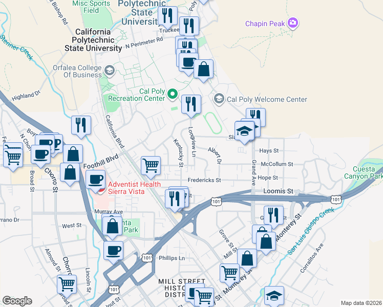 map of restaurants, bars, coffee shops, grocery stores, and more near 221 Longview Lane in San Luis Obispo