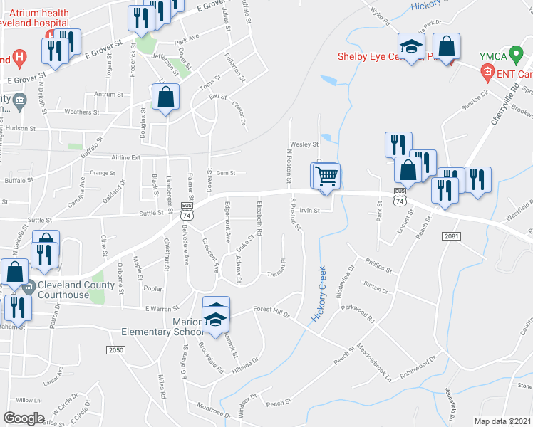 map of restaurants, bars, coffee shops, grocery stores, and more near 932 Elizabeth Rd in Shelby