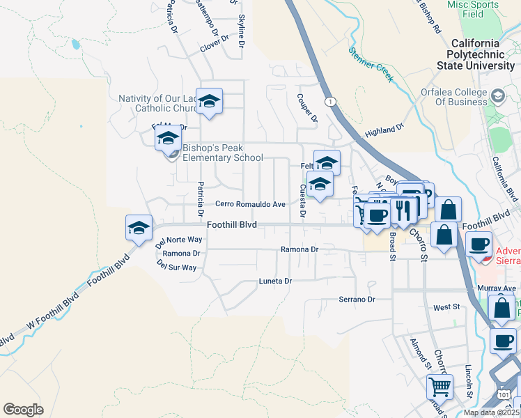 map of restaurants, bars, coffee shops, grocery stores, and more near 309 Cerro Romauldo Avenue in San Luis Obispo