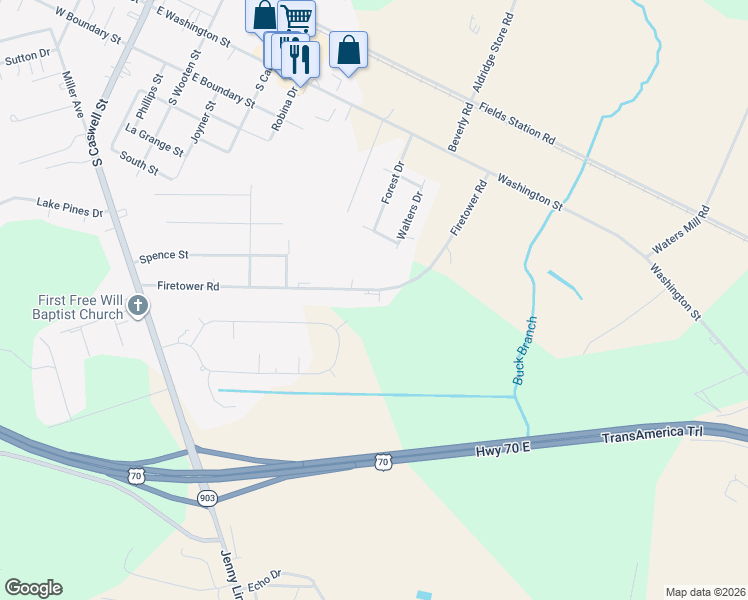 map of restaurants, bars, coffee shops, grocery stores, and more near 606 Firetower Road in La Grange