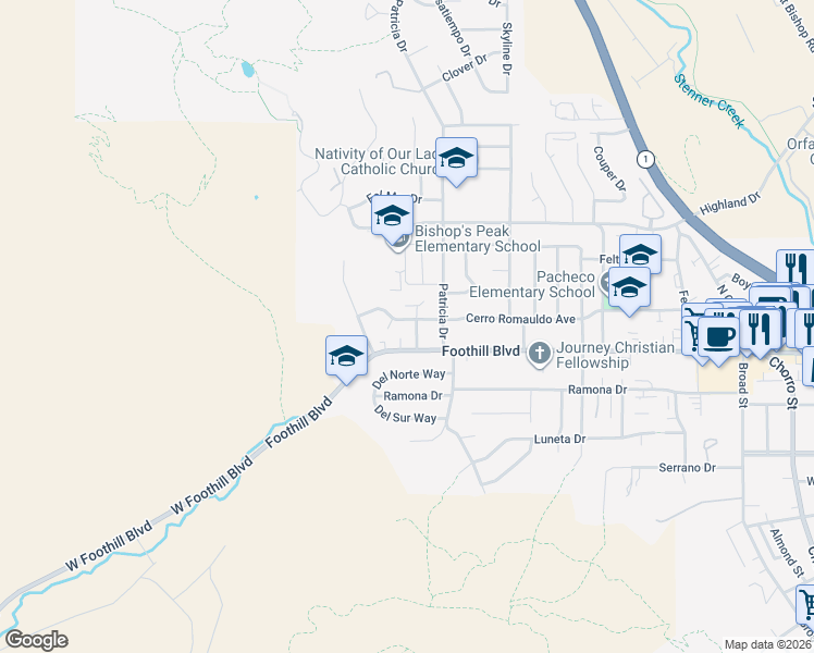 map of restaurants, bars, coffee shops, grocery stores, and more near 185 Cerro Court in San Luis Obispo