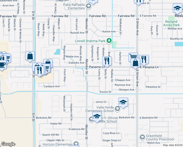 map of restaurants, bars, coffee shops, grocery stores, and more near 6519 Lost Canyon Court in Bakersfield