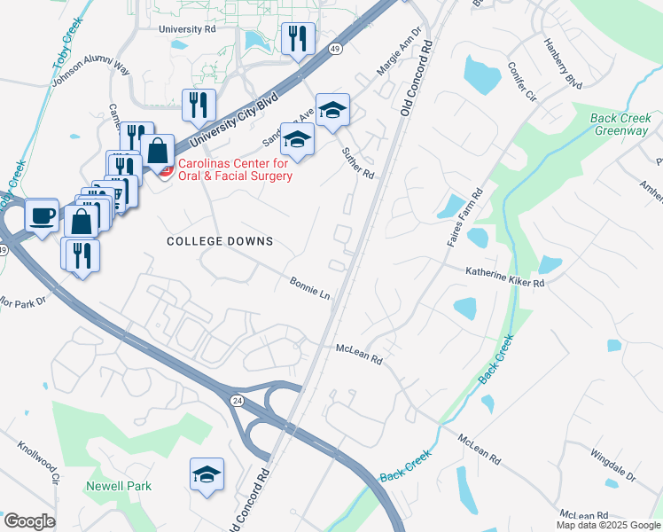 map of restaurants, bars, coffee shops, grocery stores, and more near 9333 Old Concord Road in Charlotte