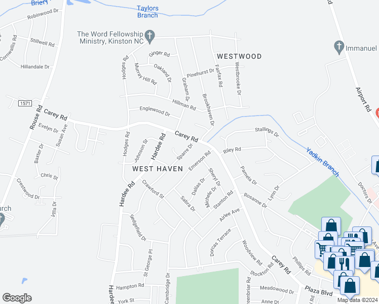 map of restaurants, bars, coffee shops, grocery stores, and more near 2405 Sparre Drive in Kinston