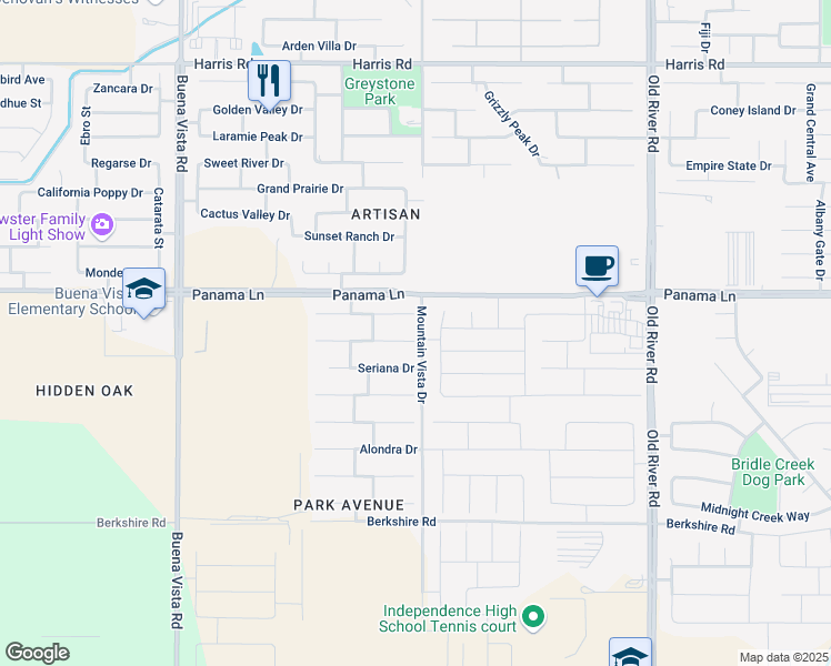 map of restaurants, bars, coffee shops, grocery stores, and more near 10500 Valverde Drive in Bakersfield