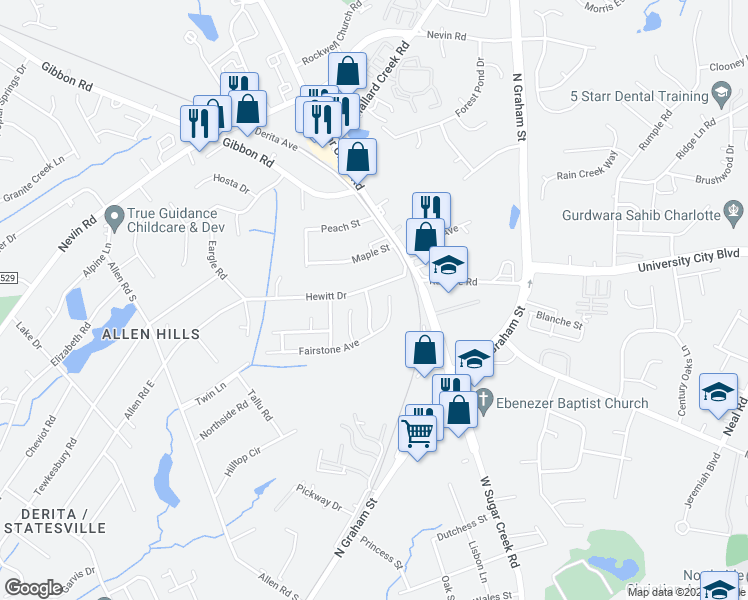 map of restaurants, bars, coffee shops, grocery stores, and more near 6042 Mentone Lane in Charlotte