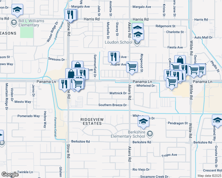 map of restaurants, bars, coffee shops, grocery stores, and more near 4301 Northwind Drive in Bakersfield