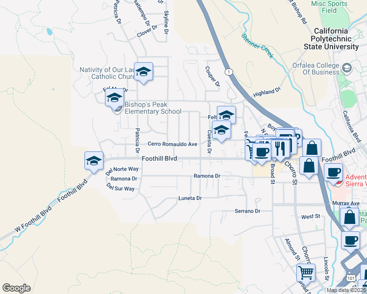 map of restaurants, bars, coffee shops, grocery stores, and more near 323 Cerro Romauldo Avenue in San Luis Obispo