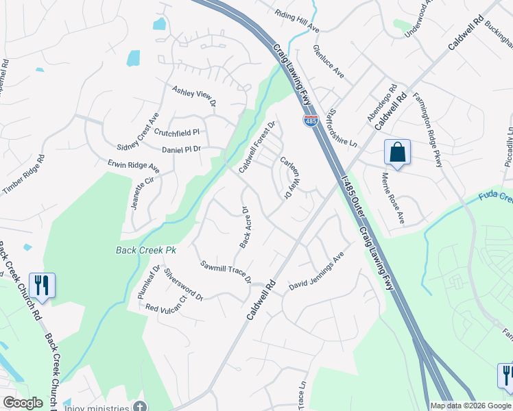 map of restaurants, bars, coffee shops, grocery stores, and more near 3832 Caldwell Ridge Parkway in Charlotte