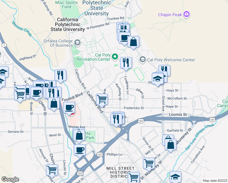 map of restaurants, bars, coffee shops, grocery stores, and more near 148 Orange Drive in San Luis Obispo