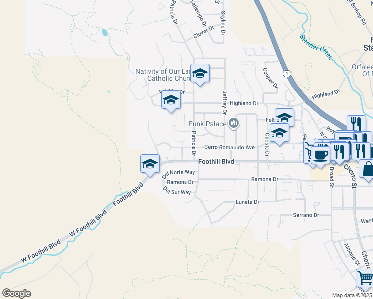 map of restaurants, bars, coffee shops, grocery stores, and more near 165 Cerro Romauldo Avenue in San Luis Obispo
