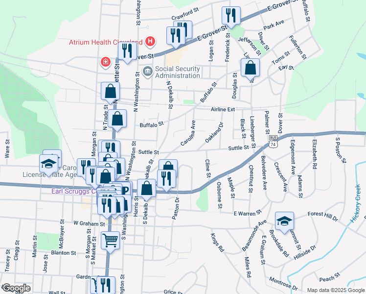 map of restaurants, bars, coffee shops, grocery stores, and more near 408 Carolina Avenue in Shelby