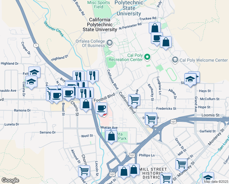 map of restaurants, bars, coffee shops, grocery stores, and more near 1196 Foothill Boulevard in San Luis Obispo