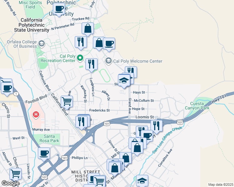 map of restaurants, bars, coffee shops, grocery stores, and more near in San Luis Obispo