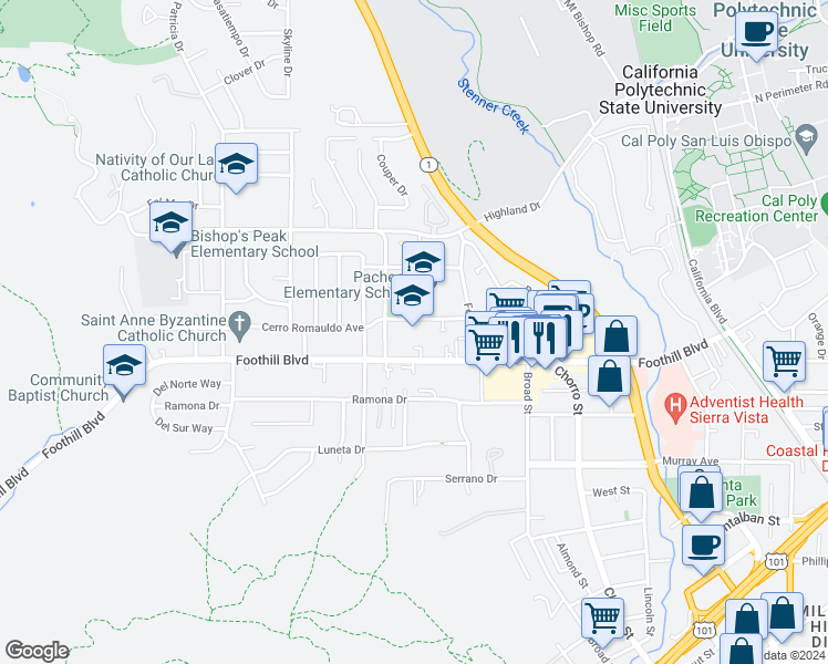 map of restaurants, bars, coffee shops, grocery stores, and more near 525 Cerro Romauldo Avenue in San Luis Obispo