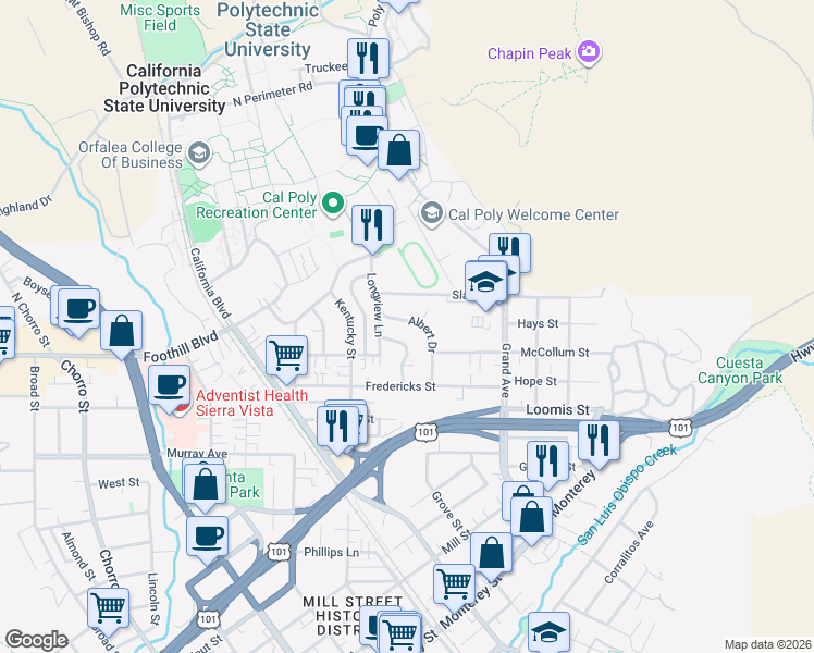 map of restaurants, bars, coffee shops, grocery stores, and more near 225 Albert Drive in San Luis Obispo