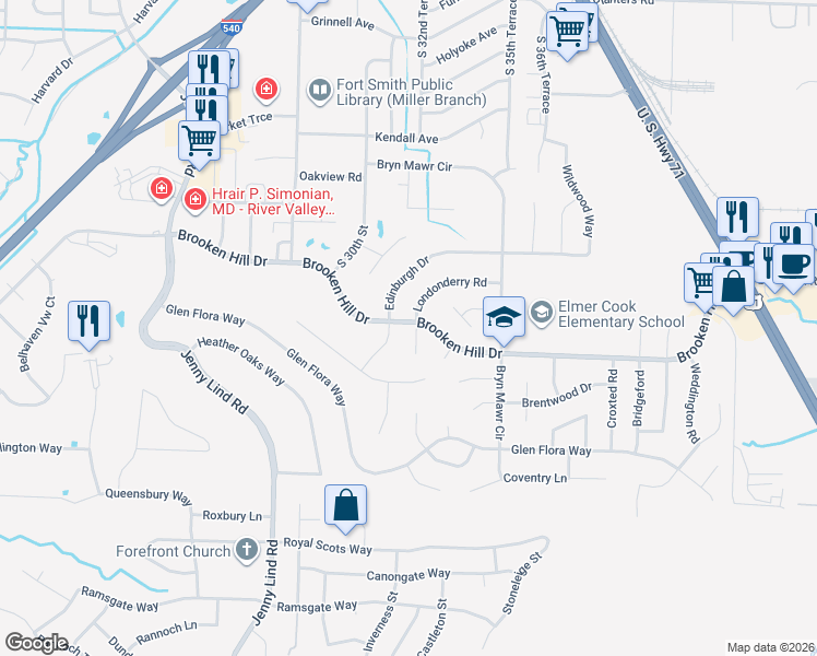 map of restaurants, bars, coffee shops, grocery stores, and more near 3132 Brooken Hill Drive in Fort Smith