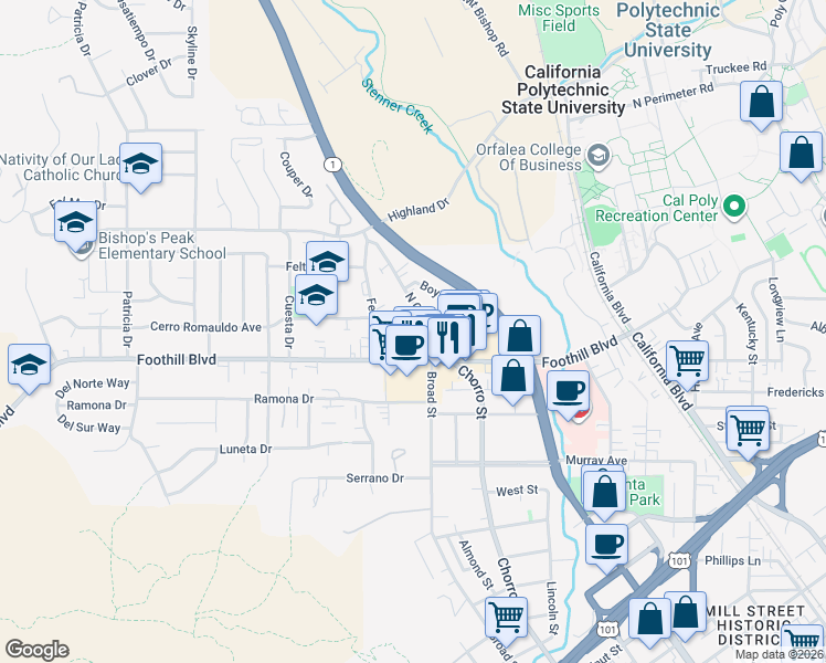 map of restaurants, bars, coffee shops, grocery stores, and more near 229 North Chorro Street in San Luis Obispo