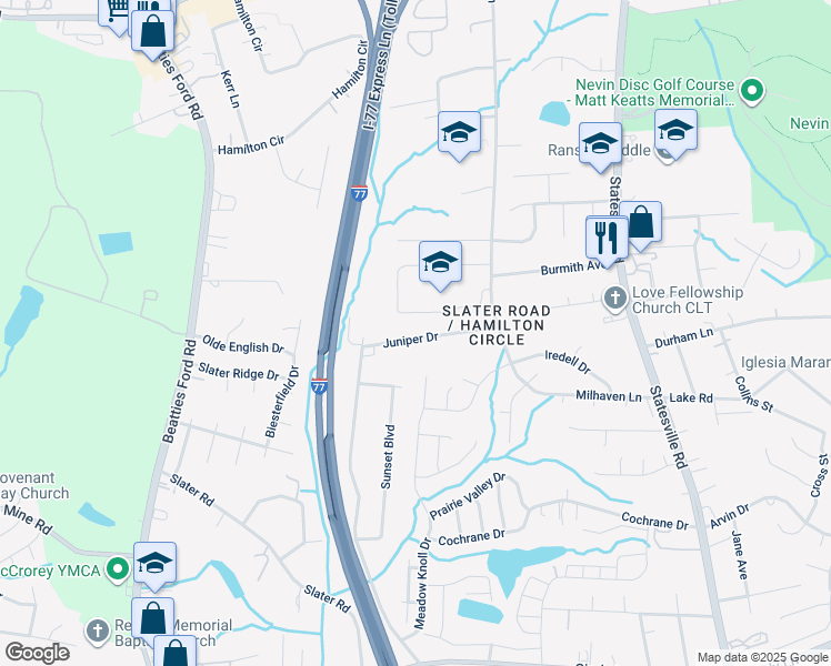map of restaurants, bars, coffee shops, grocery stores, and more near 2601 Juniper Drive in Charlotte