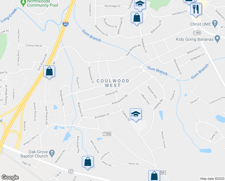 map of restaurants, bars, coffee shops, grocery stores, and more near 206 Enwood Drive in Charlotte