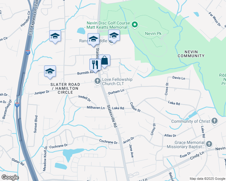 map of restaurants, bars, coffee shops, grocery stores, and more near 3401 Durham Lane in Charlotte