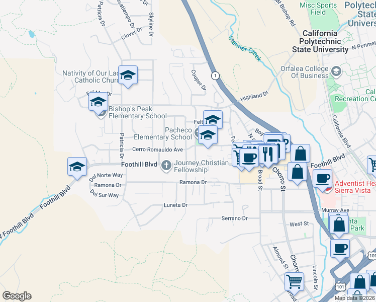 map of restaurants, bars, coffee shops, grocery stores, and more near 171 North Tassajara Drive in San Luis Obispo