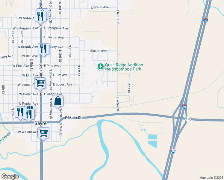 map of restaurants, bars, coffee shops, grocery stores, and more near 4 South Covey Street in Sayre