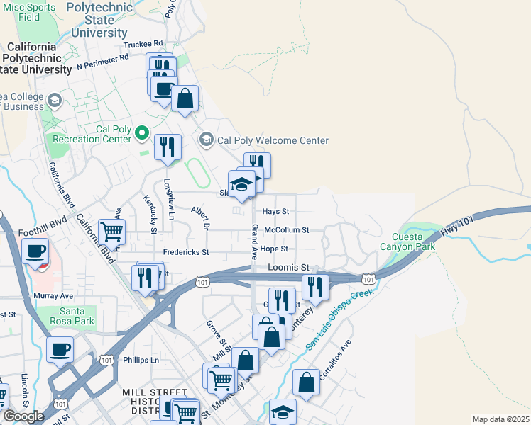 map of restaurants, bars, coffee shops, grocery stores, and more near 1843 Hays Street in San Luis Obispo